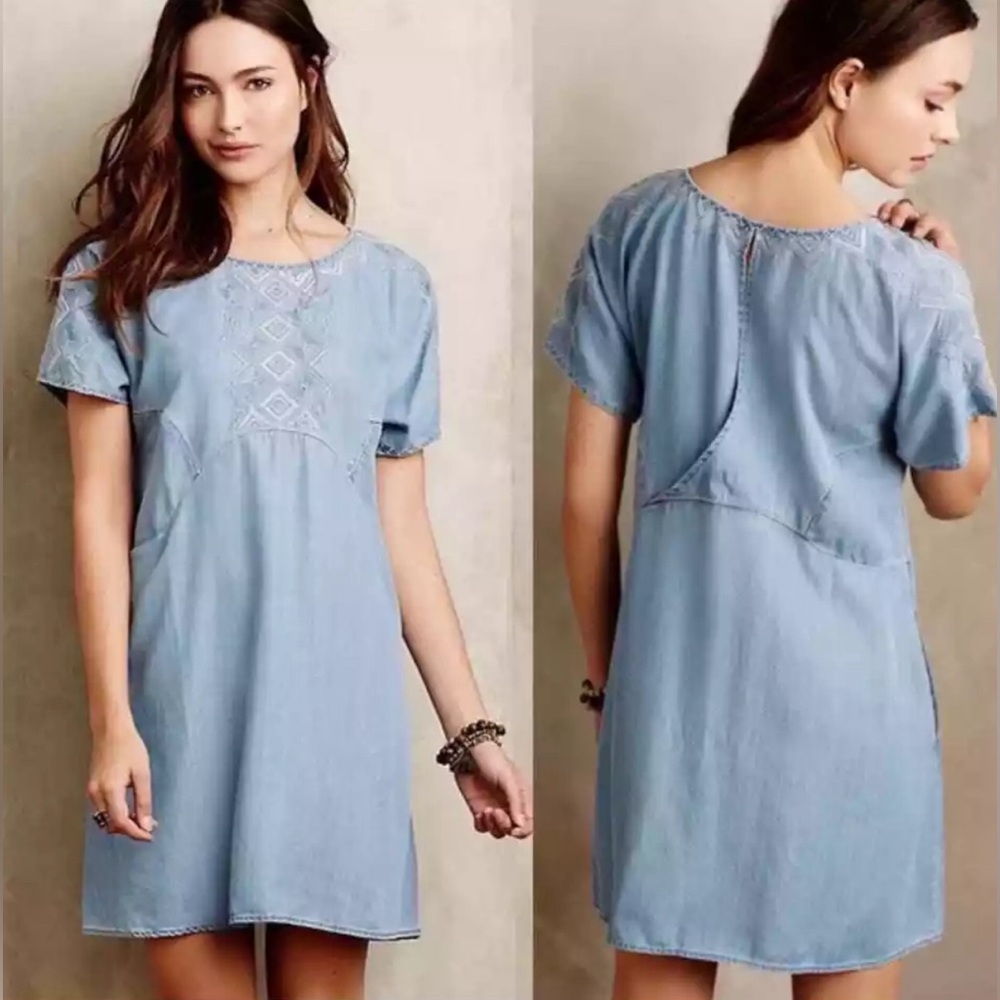 Anthropologie Holding Horses Embroidered Dress Denim Chambray Pockets S